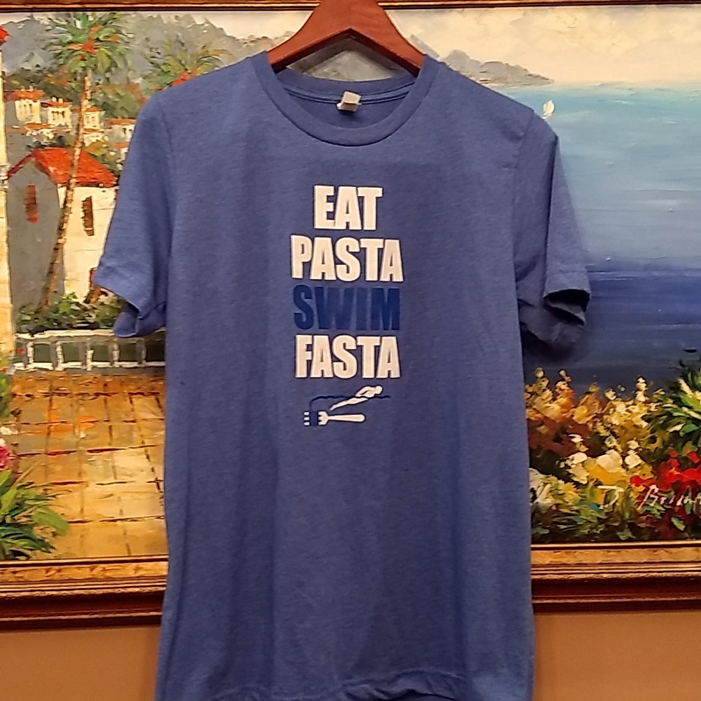 Men's M swimmer t shirt "Eat pasta, swim fasta" blue